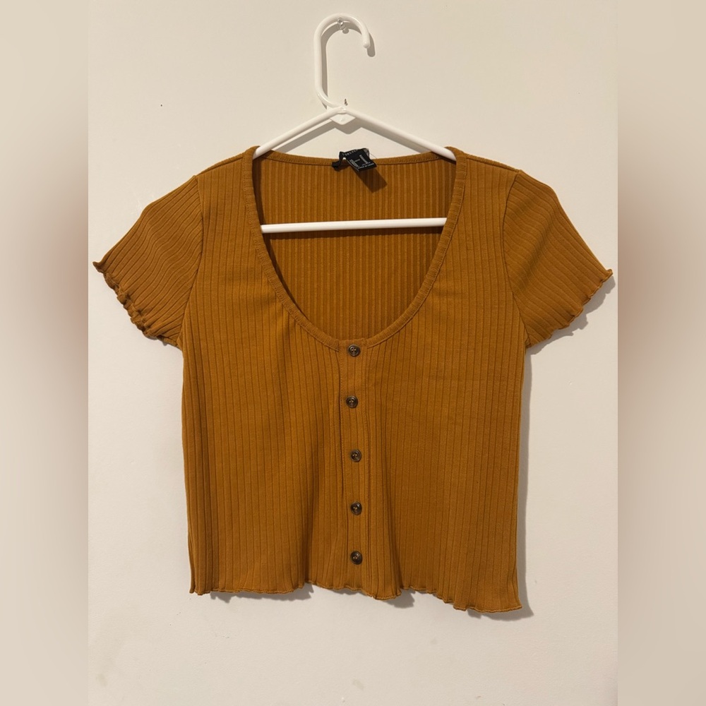 Forever 21 Mustard Yellow Ribbed Short Sleeve Button-Down Lettuce Trim Crop Top